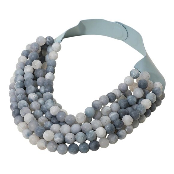 NEW Stunning Marble Effect Beaded 7-Strand Bib Statement Boho Blue Grey Necklace - Picture 4 of 6